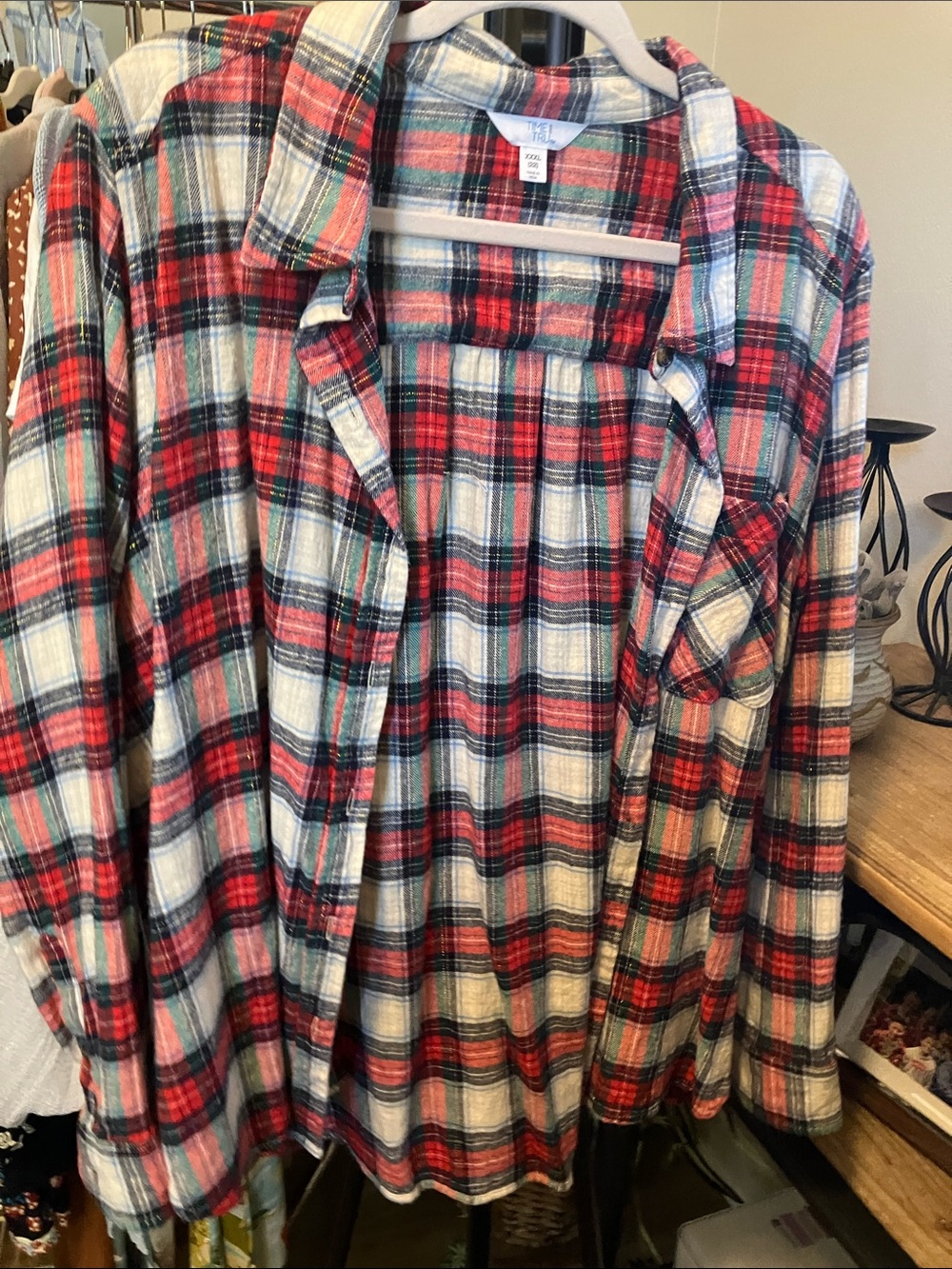 Time and Tru Red, White & Black Plaid Button-Down Shirt